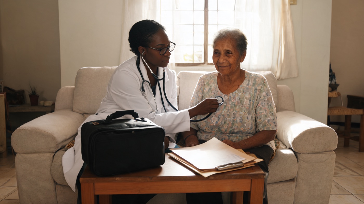 Médica auscultando uma senhora durante consulta em casa