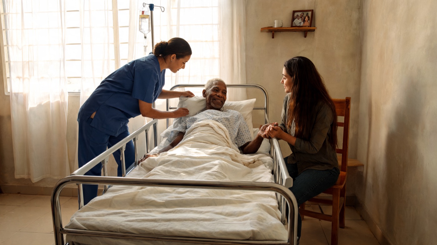 Técnica de enfermagem cuidando de um senhor em cama hospitalar em casa, com a neta ao lado